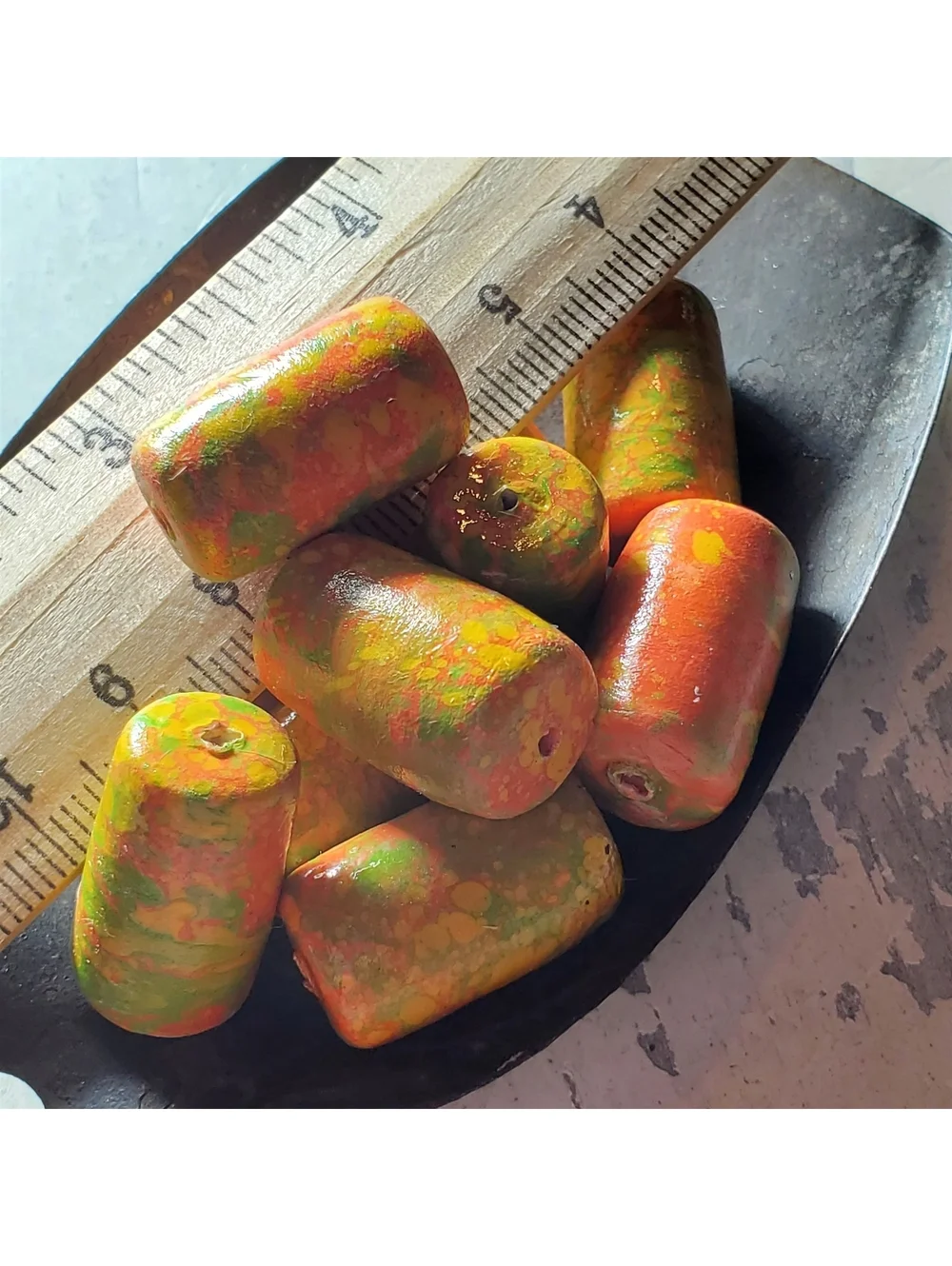 Vintage Japanese Mottled Decoupage Beads Coral Pink Cream Green 22mm Tube 4pcs
